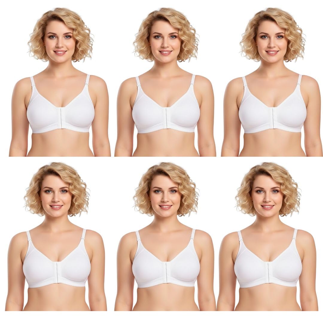 Front Open Non-Padded Non-Wired Cotton Rich Bra Full Coverage Regular Wear | Adjustable Strap | Wire Free (Pack of 6) (White)