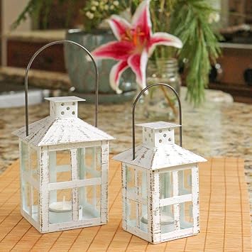 2PCS White Decorative Lantern, Kate Aspen Vintage Metal Distressed Medium Rustic Candle Holder, Centerpiece for Wedding Table, Accent Piece & Party Favor- 5.6" H 8" H with Handle