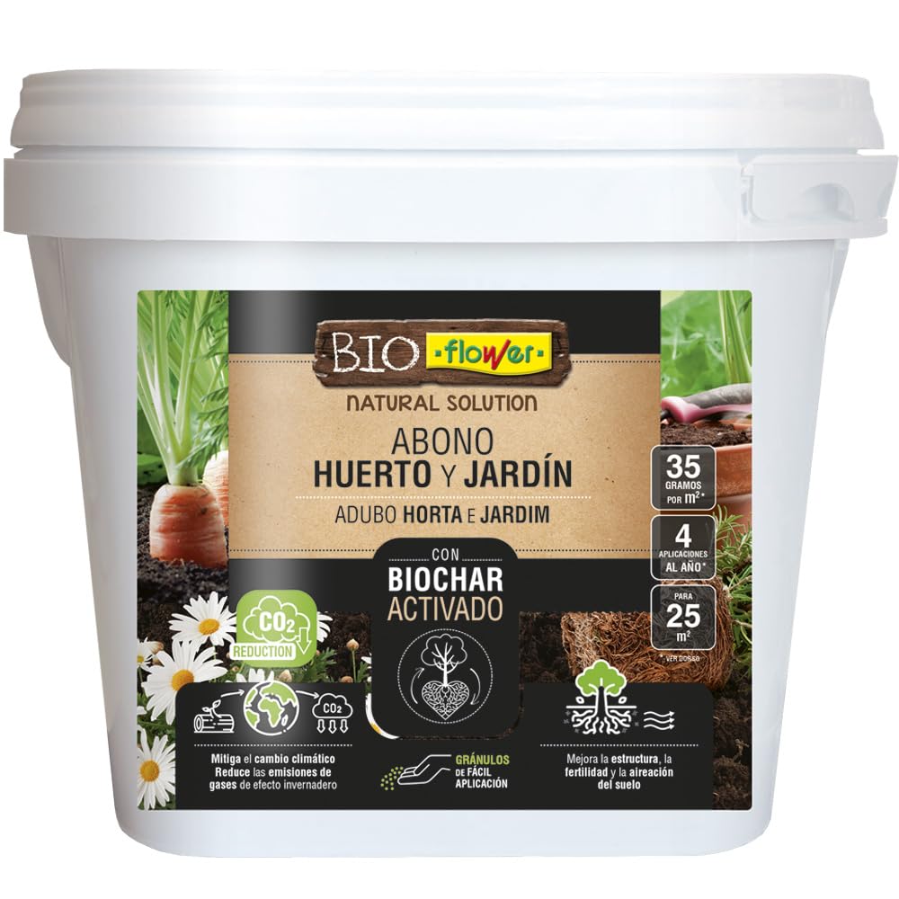 Bio-Flower Abono Orgánico con Biochar Activado para Huerto y Jardín, 800g, NPK 3-3-4, Fertilizante Natural