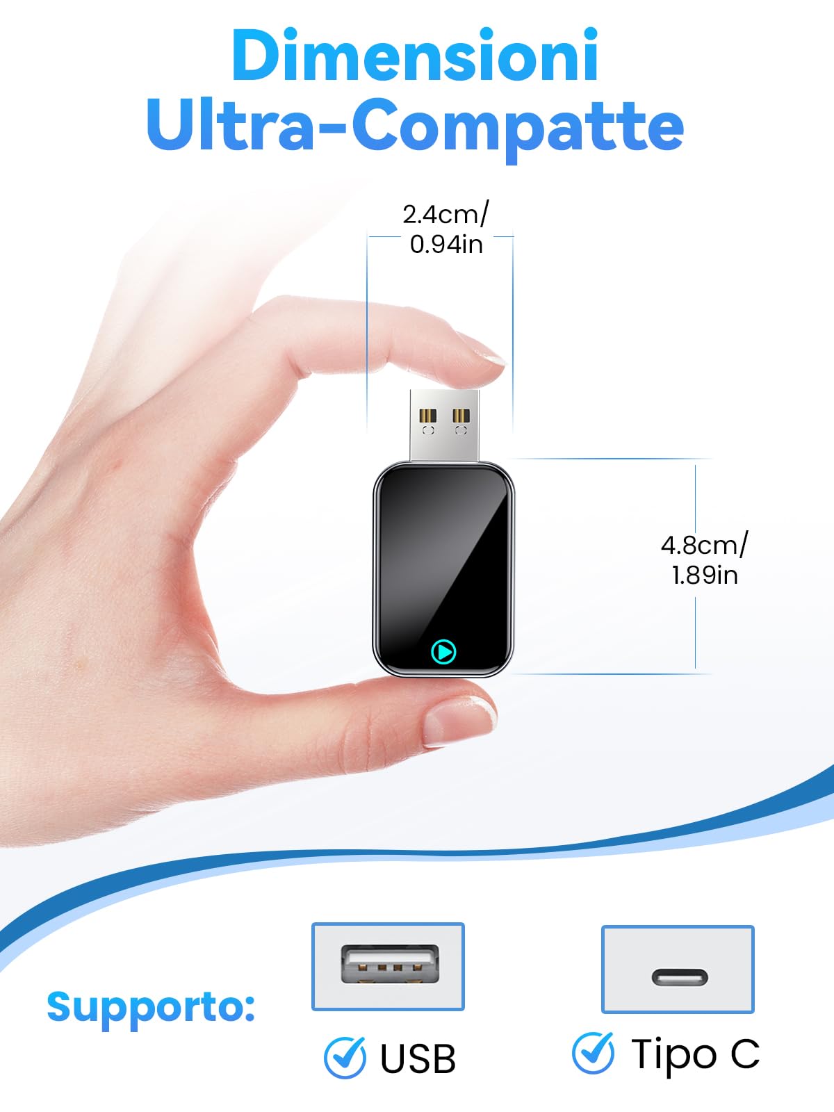 S2 Mini Adattatore CarPlay Wireless per iPhone, Converte Cablato in Wireless, USB e Type-C Plug and Play, Compatibile Auto con CarPlay Cablato dal 2016, iPhone iOS 10+