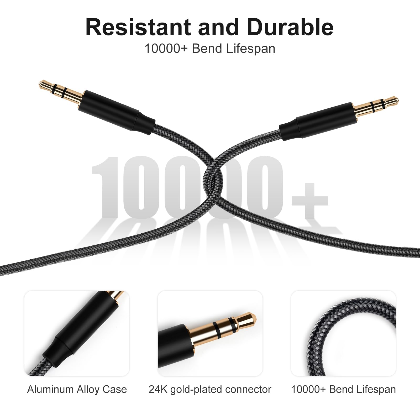 BORLTER CLAMP 3.5mm Audio Cable Male to Male, Aux Cable 3.3FT Braided Stereo 3.5mm Audio Headphone Jack - Image 3