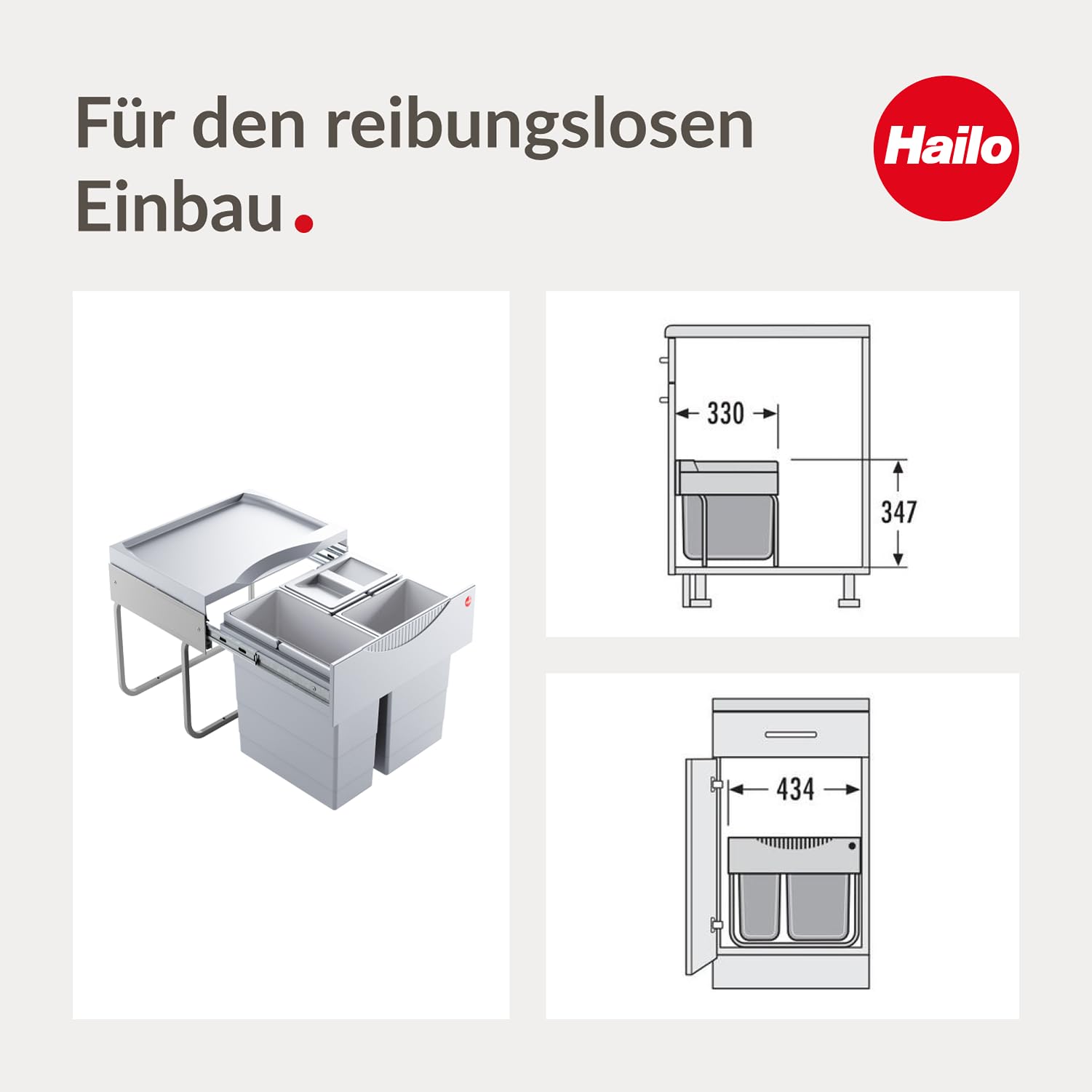 Hailo Raumspar Tandem Einbau-Mülltrenner 3 Fächer 12 L 2x 8 L Vollauszug Hellgrau