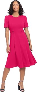 Women's Knit Eyelet Short Sleeve Crepe Inset Waist Midi with Button Detail