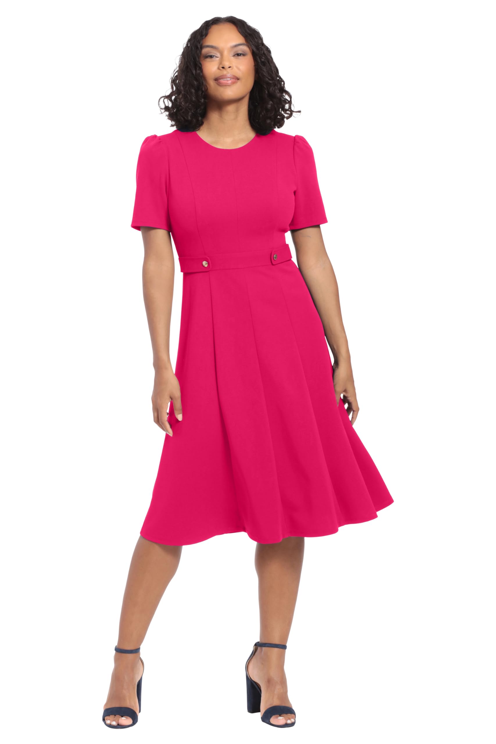 London Times Women's Knit Eyelet Short Sleeve Crepe Inset Waist Midi with Button Detail