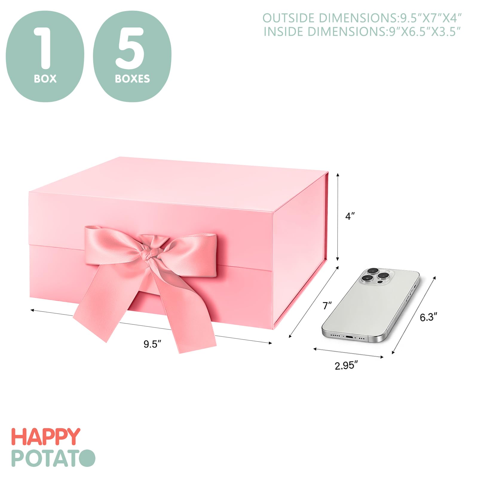 HAPPY POTATO 5 Valentinstags-Geschenkboxen mit Band, 22,9 x 16,5 x 9,5 cm, rosa Geschenkbox mit Deckel, Brautjungfer-Antragsboxen, magnetische Geschenkboxen für Geschenke (glänzendes Rosa, 5 Stück)