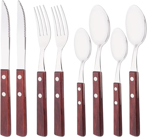 Uniturcky Juego de cubiertos de mango de madera, juego de cubiertos de acero inoxidable 304, tenedores, cucharas, cuchillos, cubiertos para 2