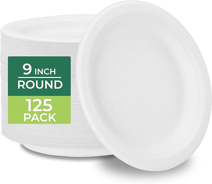 Freshware Paper Plates - Disposable 9" Plate, 125-Pack Biodegradable Sugarcane