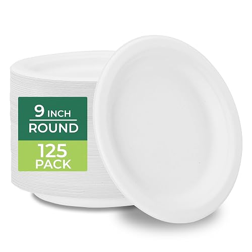 Freshware Paper Plates - Disposable 9" Plate, 125-Pack Biodegradable Sugarcane