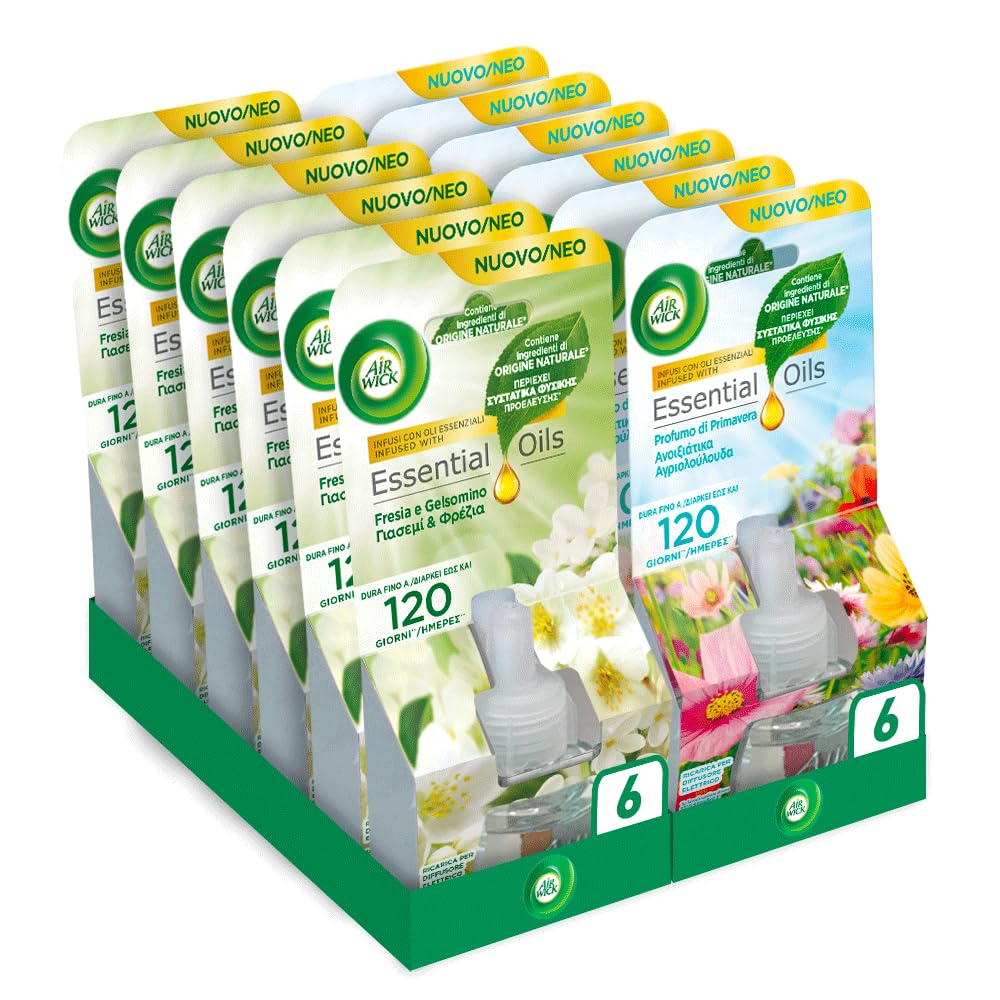 Airwick Ricariche per Diffusore Elettrico di Oli Essenziali, Confezione da 12 Ricariche di Profumatore per Ambienti Elettrico, 6 alla Fragranza di Fresia e Gelsomino, 6 Profumo di Primavera