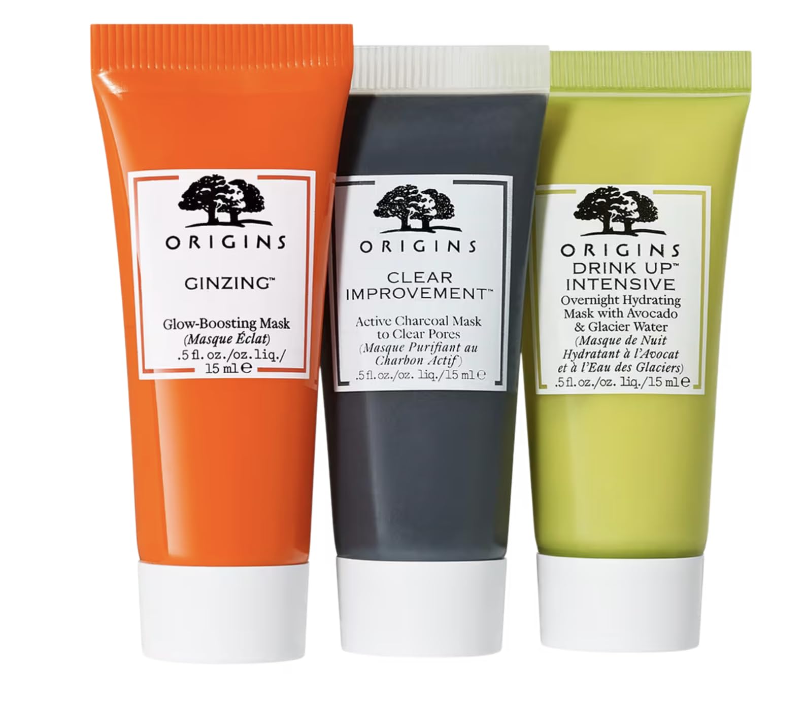 OriginsGinZing Glow-Boosting,Clear Improvement Charcoal,Drink Up Overnight Avocado-infused mask Set