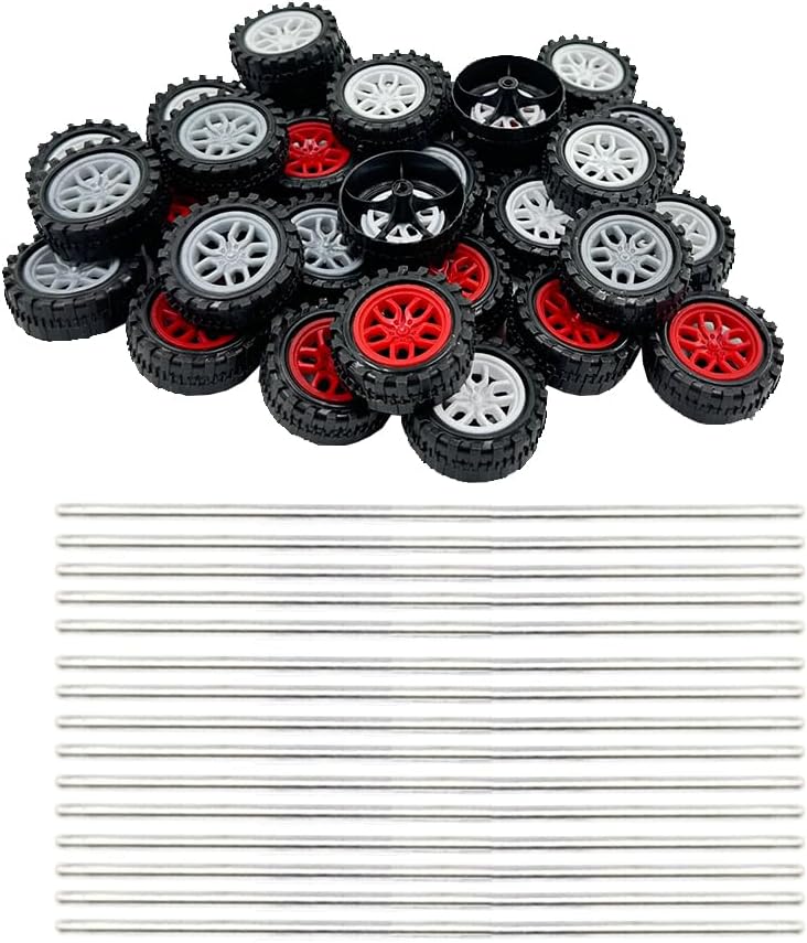 30PCS Toy Car Wheels 2mm Dia Shaft Plastic Car Wheels with 15PCS Shaft Round Rod Axles for DIY Model Toys RC Car Truck Robot Parts (Mix Color)