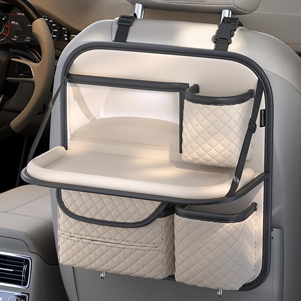 Auto Organizer für VW CC T ROC Bora EOS UP Caddy Golf Polo Jetta New Beetle, Autositz Organizer mit Klapptisch Multifunktional Wasserdicht Auto Rücksitz Organizer,Beige