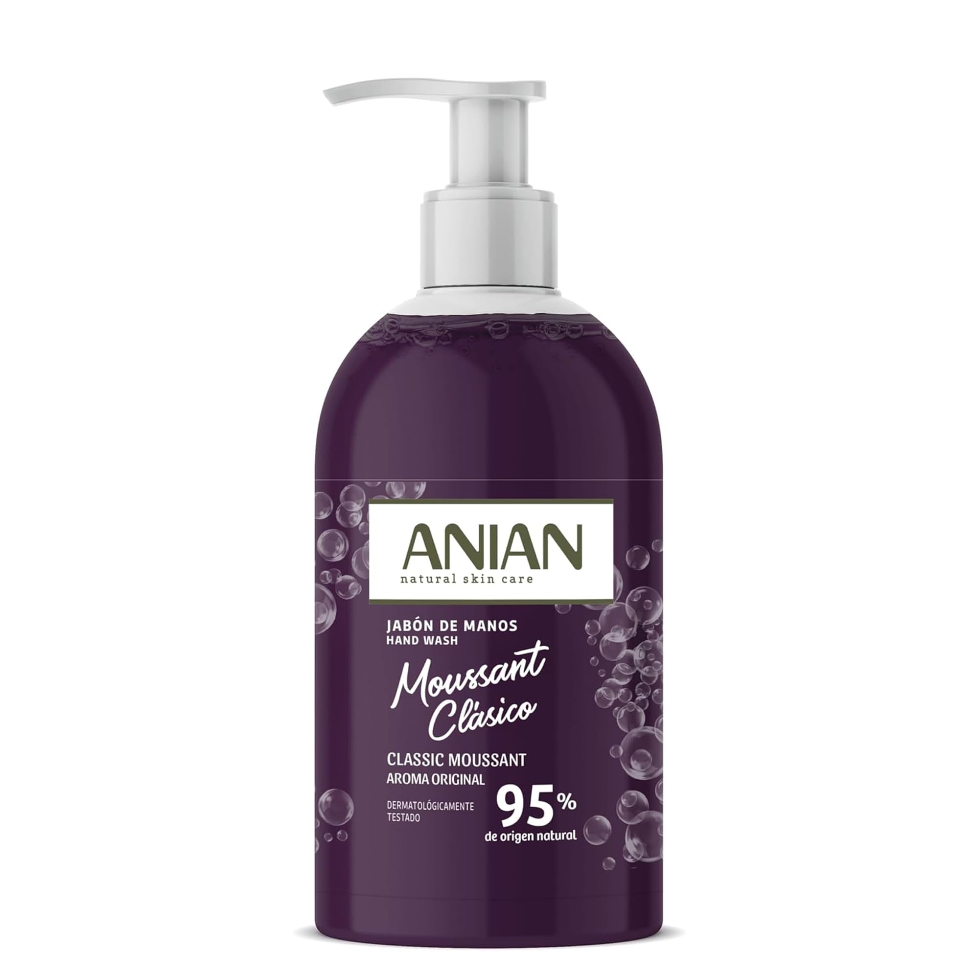 ANIAN - Jabón de Manos Moussant, 500 ml, para Todo Tipo de Piel, con Glicerina, Mantiene la Hidratación de la Dermis, Puede Usarse Varias Veces al Día, + 95% Ingredientes de Origen Natural