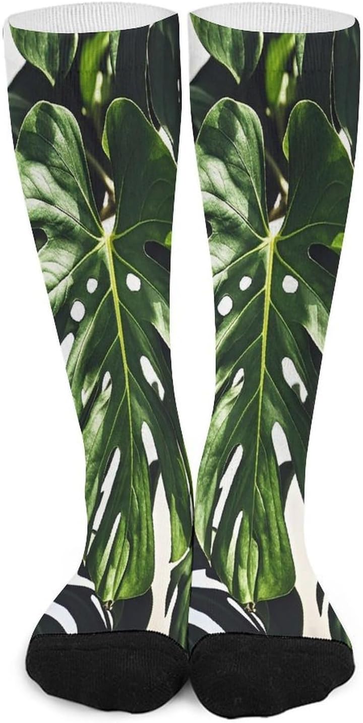 Black Green Leaves Compression Sock Breathable Support Socks Lightweight Knee High Tube Socks for Women Men