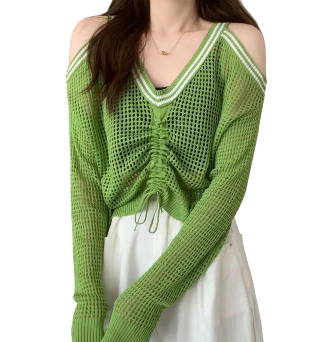 CRAMPLE®Knitted Sunscreen Shirt Women Thin Autumn Long Sleeved V Neck Drawcord Hollow-Out Design Short Suspenders Sweater Drop Shipping-picture-46