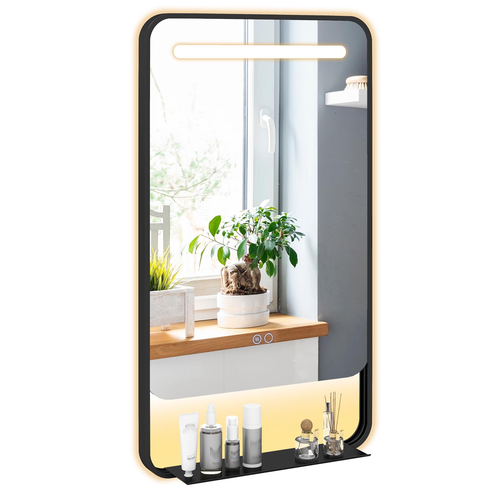 GOPLUS Miroir LED Salle de Bain avec Étagère, 88,5 x 50 cm Miroir Coiffeuse Mural avec Fonction Anti-buée, 3 Couleurs de Lumière, Luminosité Réglable, Cadre en Aluminium, pour Entrée, Chambre