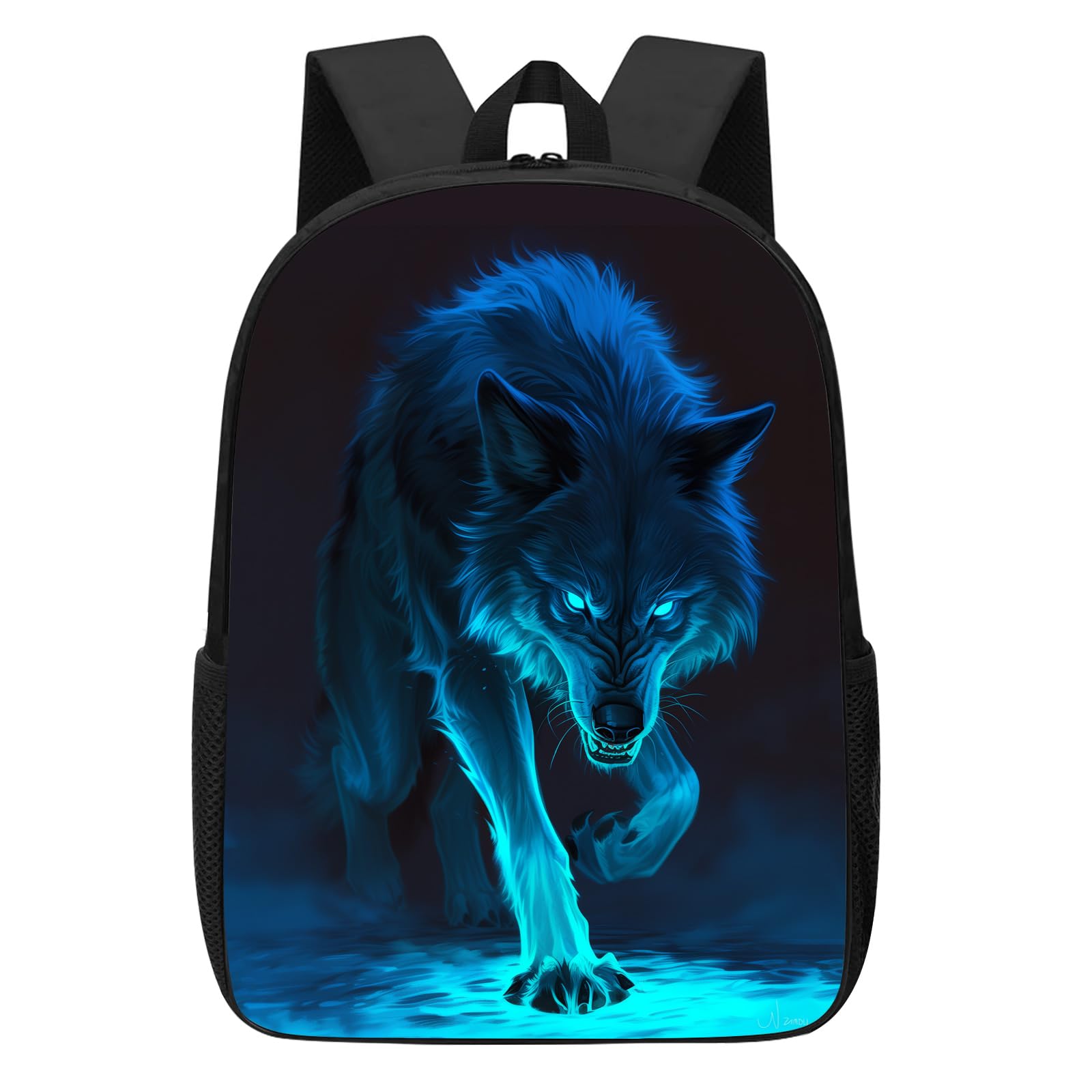 DOINBEE Boys Wolf Backpack for School, Cool Cyan Black Wolf Backpacks for Kids Boys Teens, Lightweight Waterproof Bookbag Laptop Bags for School &