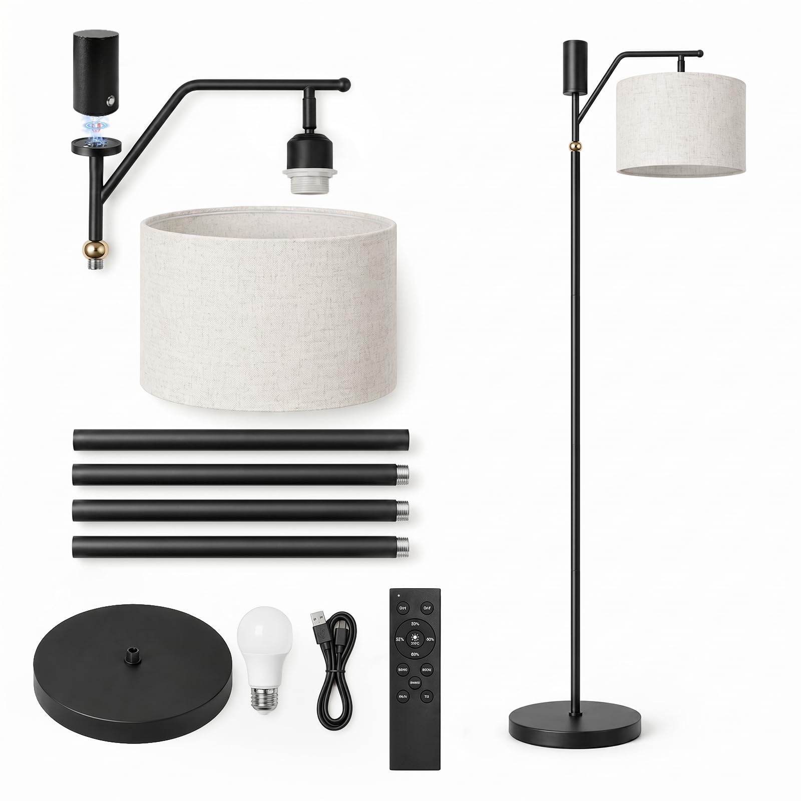 Ketom Akku Stehlampe mit Fernbedienung, LED Stehlampe Wohnzimmer Dimmbar | 3 Farbtemperatur, Timing, Stehlampen mit Schirm, Stehleuchte Kabellos Vintage, für Büro Schlafzimmer