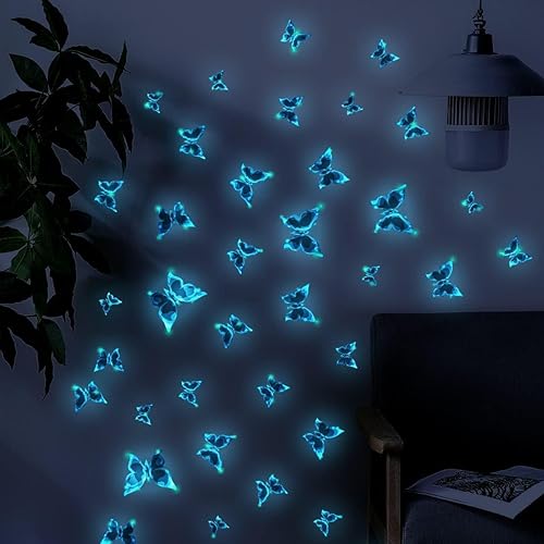 Miniatura 6 de Quanhaigou 24 calcomanías de pared con diseño de mariposa luminosa azul que brillan en la oscuridad, decoración de bricolaje para dormitorio de