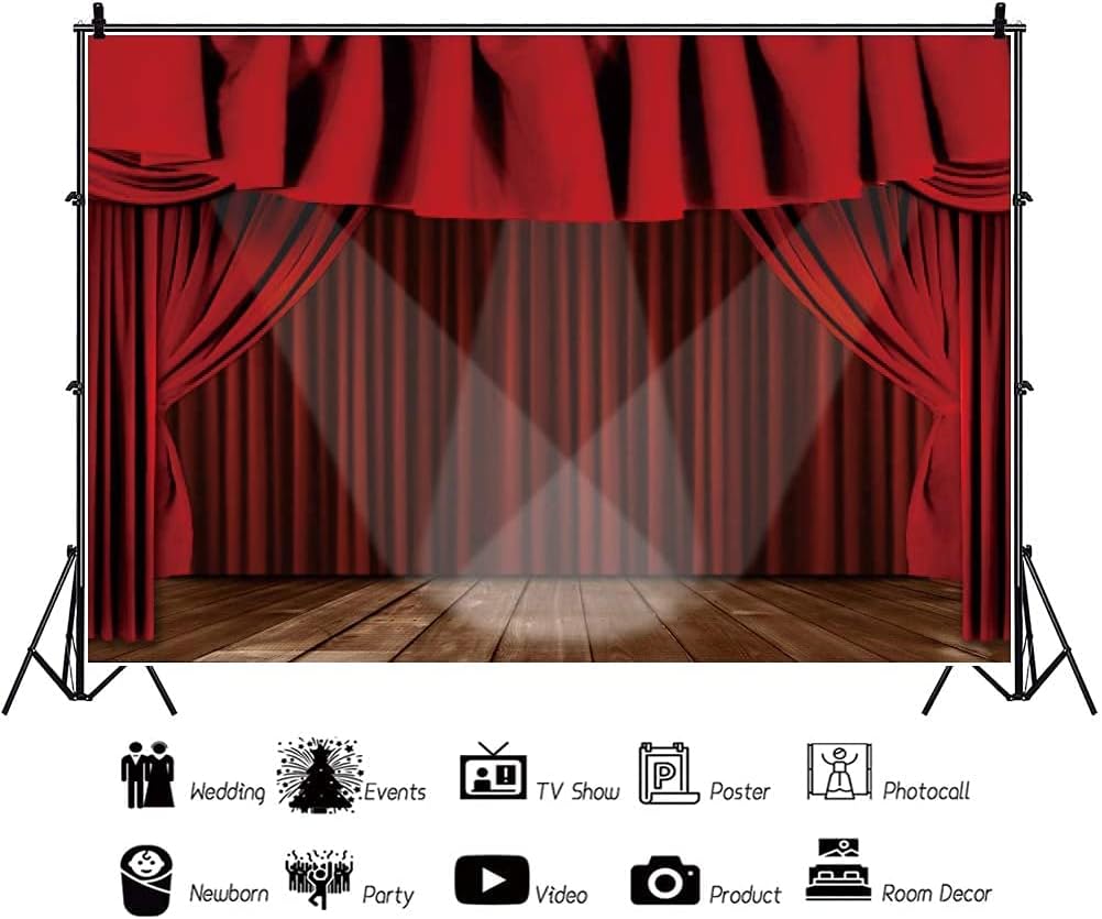 Renaiss 10x7ft Red Theater Stage Backdrop Velvet Curtain Spotlights Wooden Floor Music Theater Photography Background for Stage Show Baby Adults Wedding Portraits Photo Studio Props