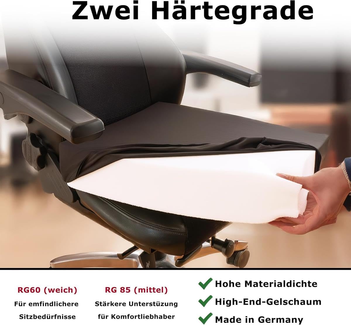 Orthopädisches Anti Dekubitus Gelschaum Sitzkissen 52x45x10 cm – Made in Germany | Ergonomisch & druckentlastend | RG85 (mittel)| Schwarzer Polyesterbezug, waschbar & rutschfest