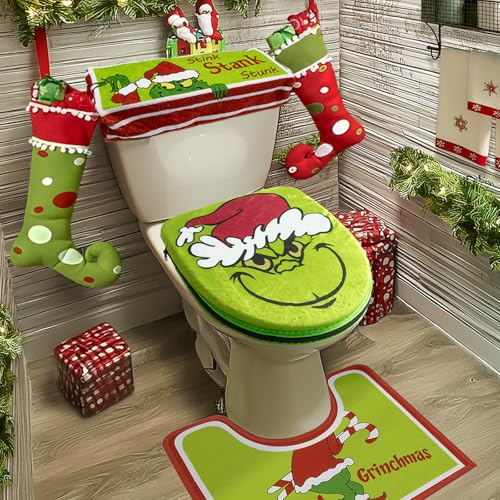 Christmas-Decorations-Xmas-Bathroom-Sets-Christmas-Decor-Toilet-Seat-Cover-and-Rug-for-Indoor-Home-Bathroom-Set-of-4-Red-Green