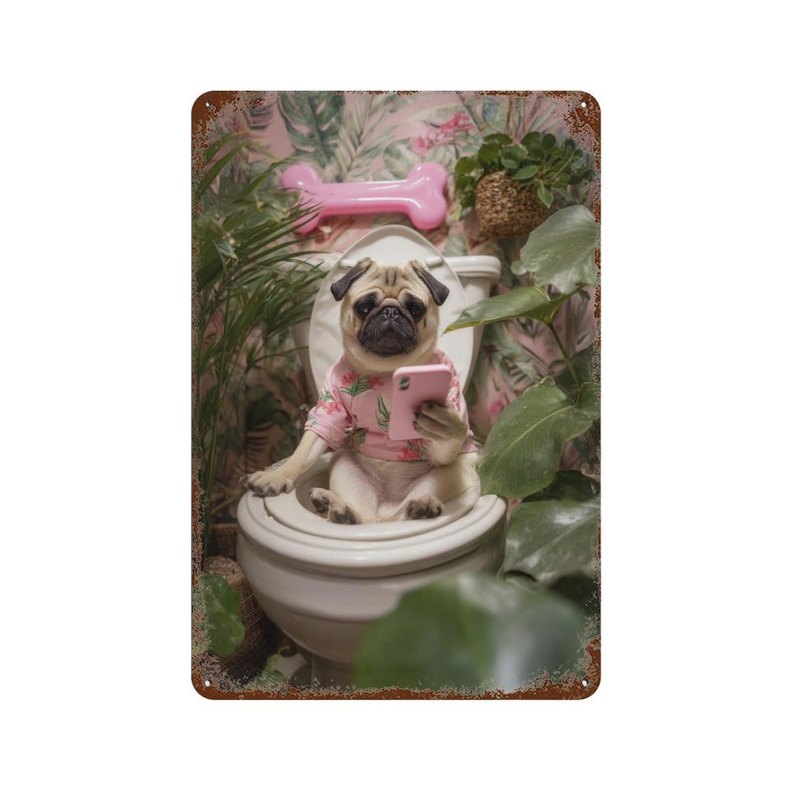 Pug on Toilet with Phone Vintage Rust Metal Sign 11.8"x7.9", Shabby Chic Decor for Shed, Workshop And Garage Wall Decor