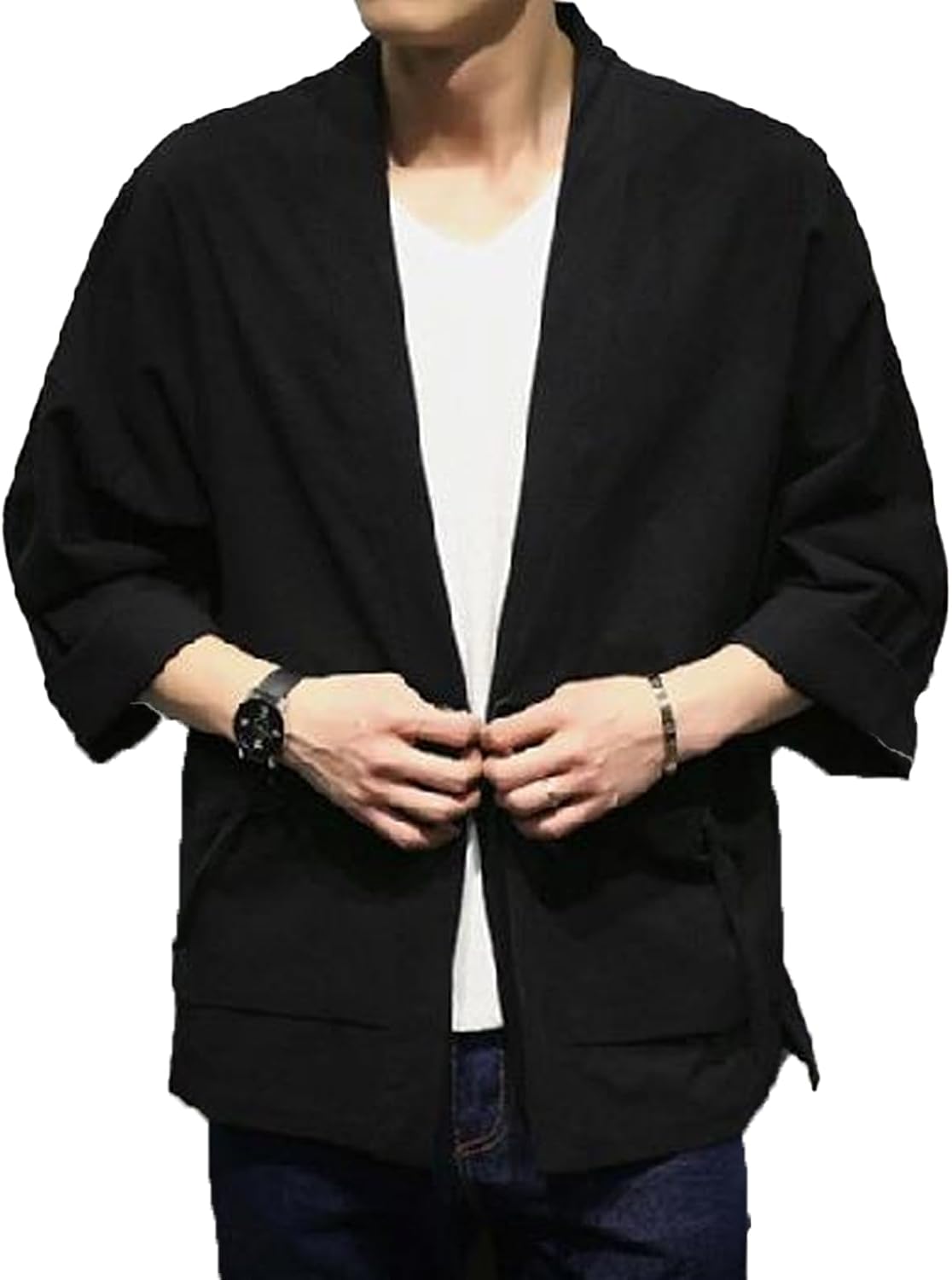 INVACHI Kimono Jacket for Men Solid Japanese Style Jacket Open Front Cardigan with Pockets
