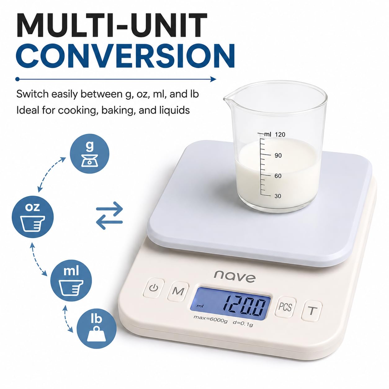 Nave Báscula digital de cocina, 6 kg/0,1 g, báscula de alimentos de alta precisión con pantalla LCD, múltiples unidades (g/oz/ml/lb), funciona con pilas, ideal para hornear, cocinar y controlar el