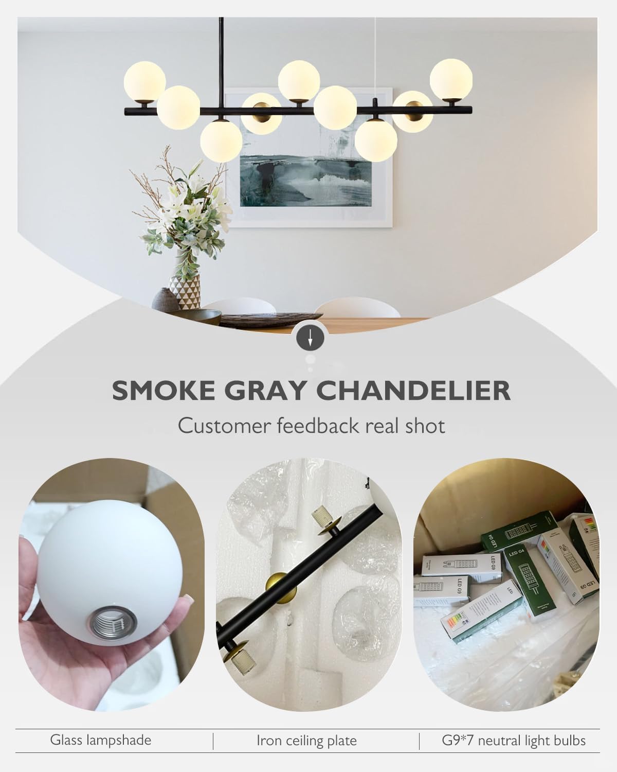 9-Lights Linear Bubble Globe Chandelier, Modern Hanging Ceiling Lamp Milk White Ball Glass Pendant Light Fixtures for Kitchen Island Dining Living Room, Long Black Sputnik Chandeliers Indoor Lighting