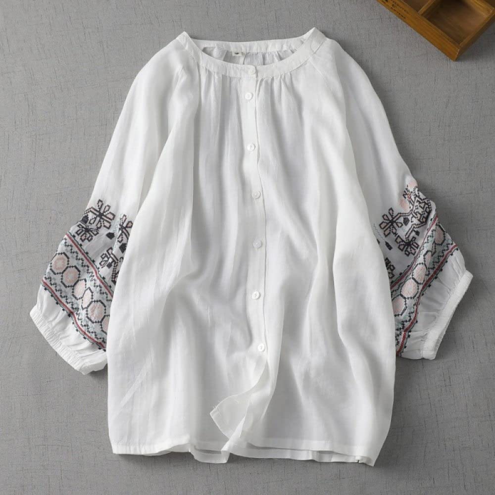 MIDJ Damen Oberteile,Damen Leinen Bluse Boho Stickerei Sommer Kurzarm Shirts Weiß Rundhals Basic Oberteile Lässig Elegant Bluse T-Shirt Lose Bluse Tunika Sweatshirt Oberteile Für Frauen