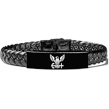Military U.S. Navy Symbol Leather Bracelet for Men Women -Personalized Customize Waterproof Laser Engraved Religious Stainless Steel Wristband, Adjustable Unisex Couple ID Cuff Bangle