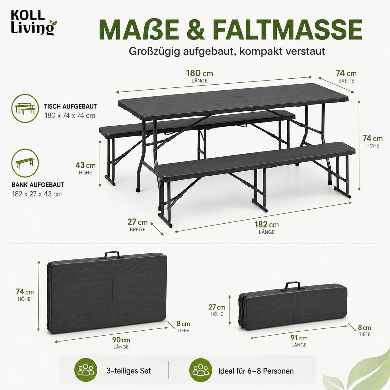 Koll Living Bierzeltgarnitur Nomad – 3-teiliges Bierbank Set klappbar | Biertisch, 2X Bank | aus Kunststoff | UV- und witterungesbeständig