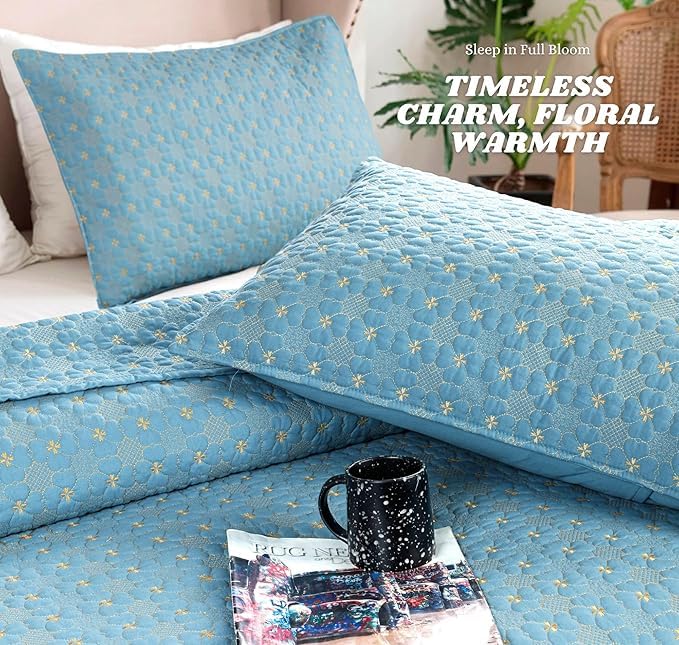 Image of BSB HOME Solid 100% Cotton Multi-Needle Quilted Ultrasonic Bedcover Set - 280 TC, Soft & Lightweight, King Size /Double (90x100 in /228X254 cm), Coverlet with 2 Pillow Cases (Sky Blue)