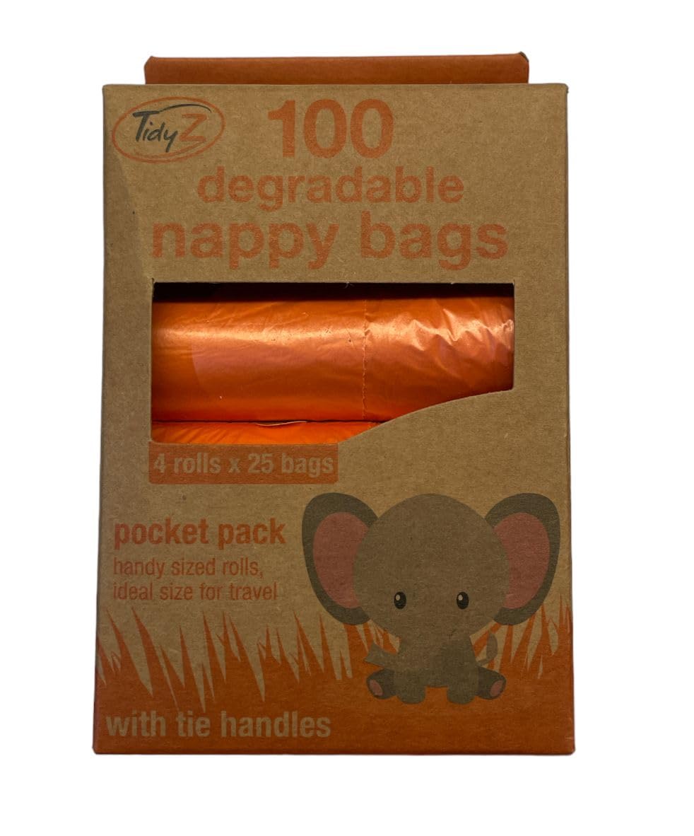 100 Degradable Nappy Bags with Tie Handles, 4 Pocket-Sized Rolls (25 Bags Each), Orange