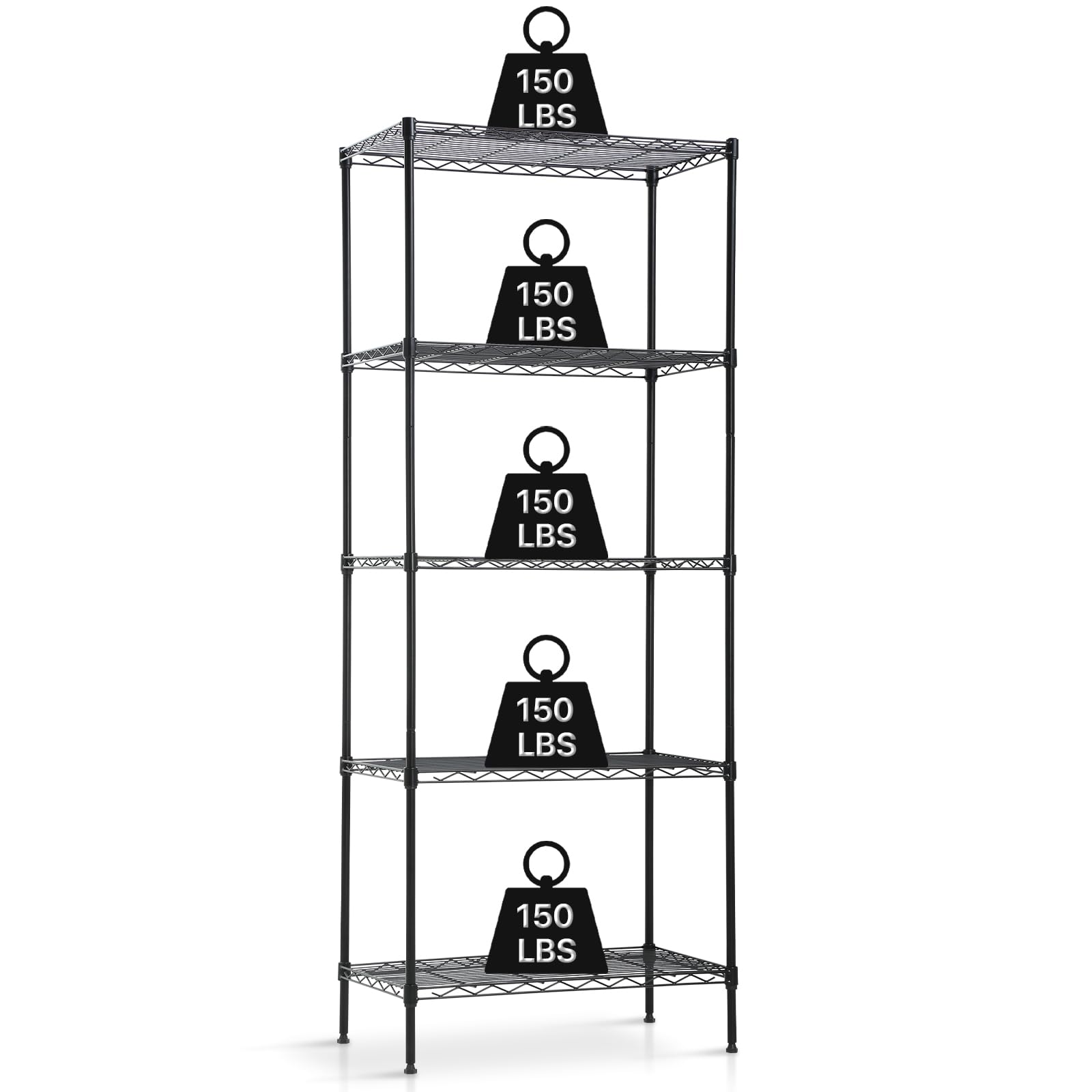 YRLLENSDAN 5-Tier Wire Shelving Unit 750 lbs Capacity Durable Organization Metal Storage Rack for Pantry Kitchen, 14" D x 24" W x 60" H, Black