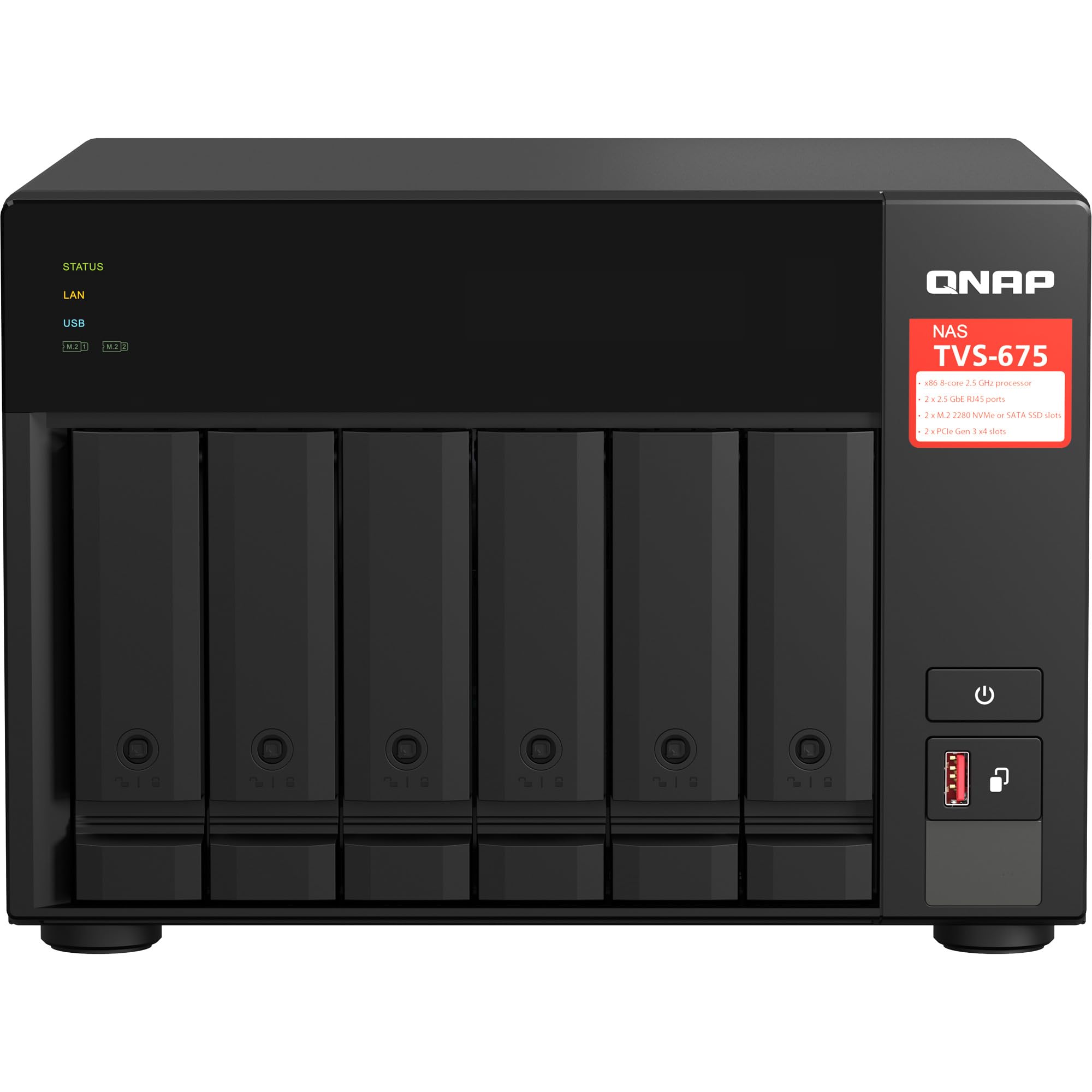 QNAP TVS-675-8G 6 Bay NAS ZhaoXin KX-U6580 8-core 2.5GHz 8G DDR4 Hot-swappable 2xM.2 2280 PCIe Gen 3 x1 2 x2.5GbE WOL 2xPCle Gen 2xUSB3.2 3yr wty