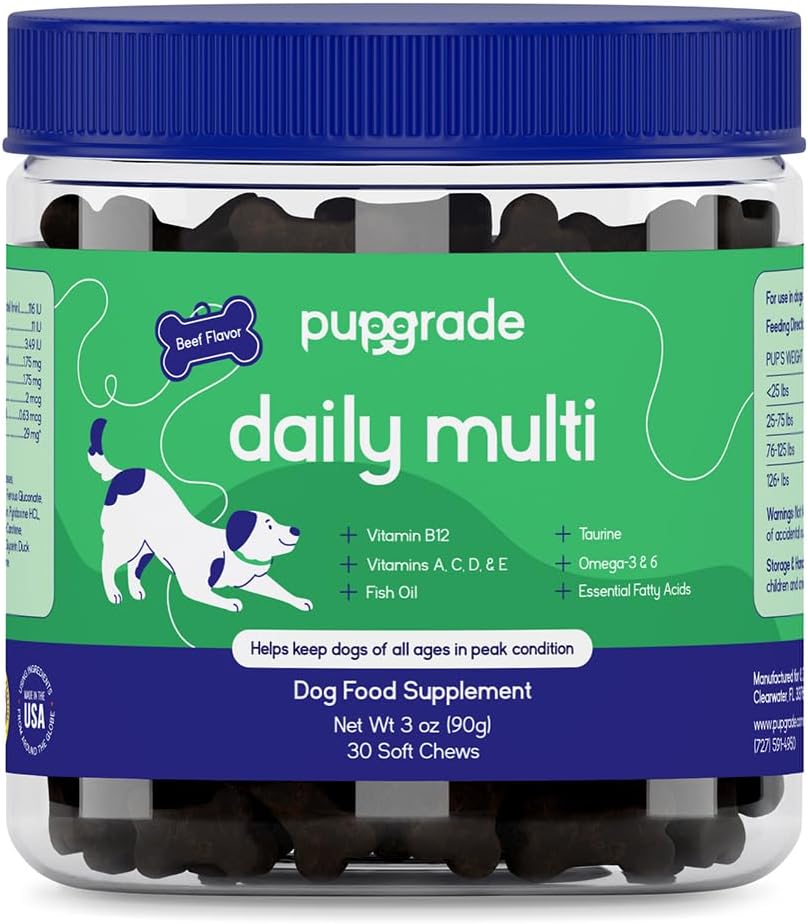 - PupGrade Daily Multivitamin for Dogs โ All-in-One Supplement with Omega Fish Oil, Vitamins A, C, D, E & B Complex for Everyday Health โ 30 Soft Chews