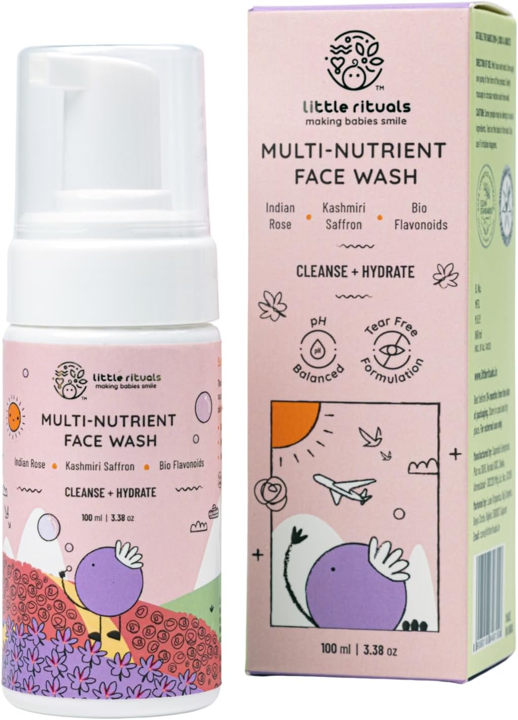 Little Rituals Multi-Nutrient Foaming Face Wash for Babies & Kids | Indian Rose & Kashmiri Saffron | Bio Flavonoids | Cleanse + Hydrate | pH Balanced, Tear-Free | MADE SAFE | 0M+ | 100 ml