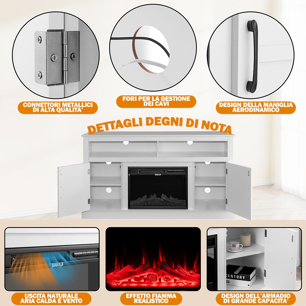 BAKAJI Mobile Tv per Soggiorno in Legno Bianco con Camino Elettrico, Madia a 2 Ante con Caminetto 1800W Completo di Mobile, Riscaldamento Due Potenze, Protezione Surriscaldamento e 15 Colori Luci Led