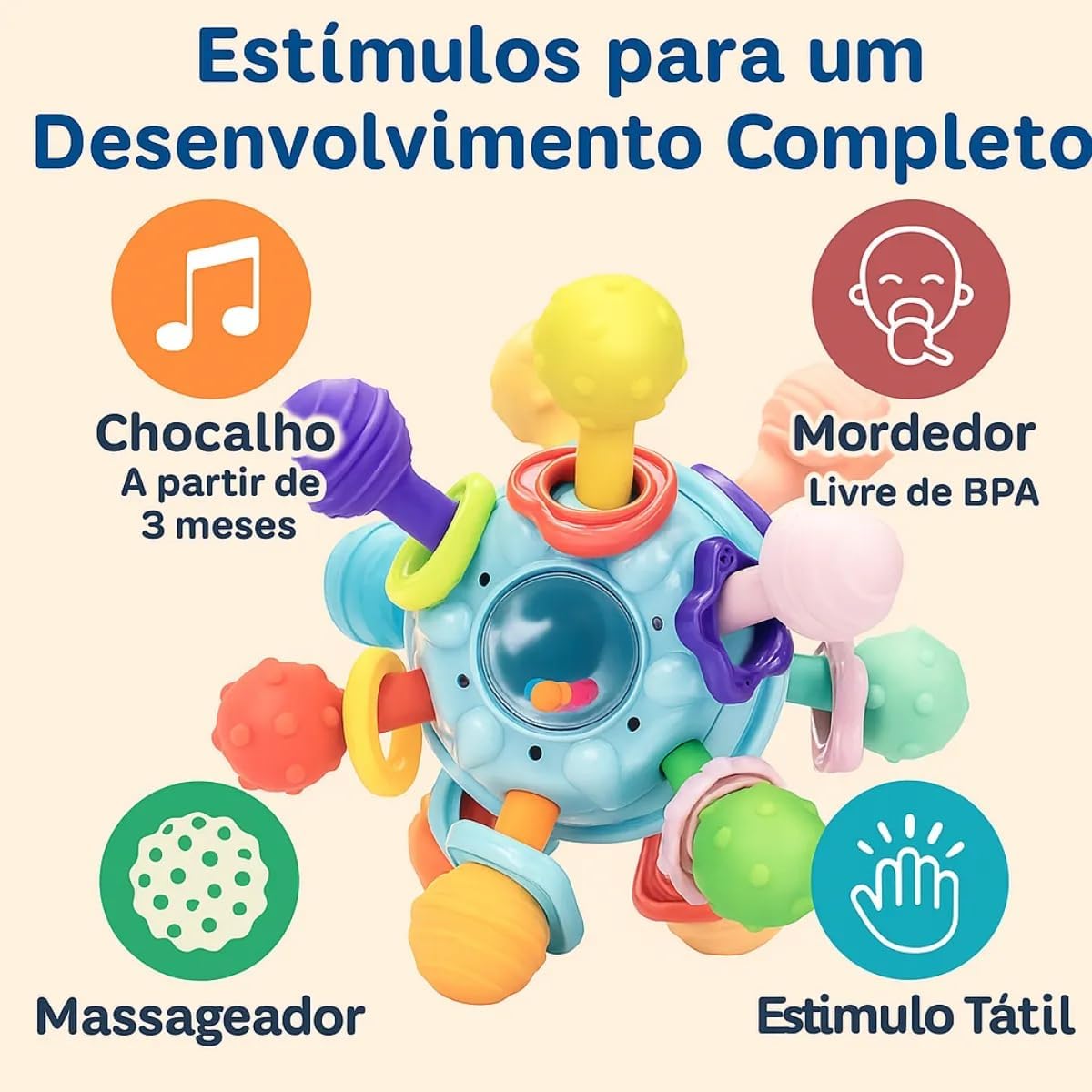 Mordedor Infantil 360° com Chocalho – Brinquedo Sensorial Colorido e Flexível, Livre de BPA, Estimula os Sentidos e Alivia o Nascimento dos Dentinhos (Circular)