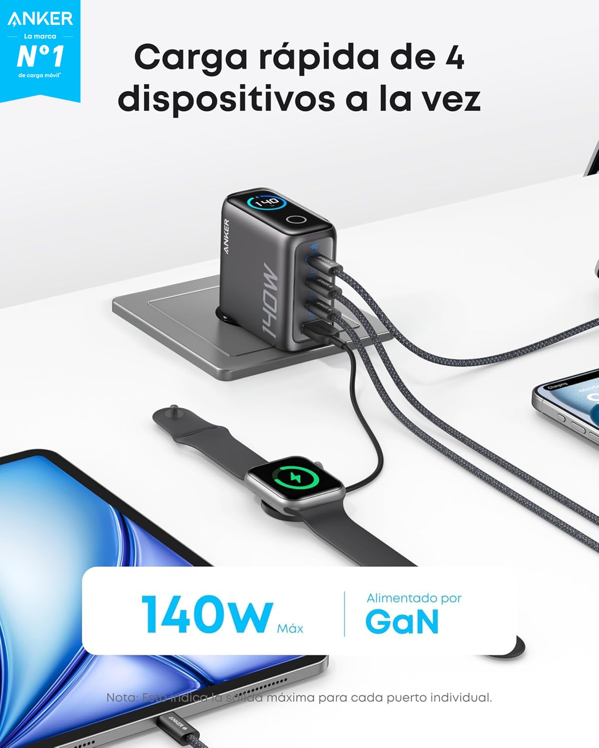 Anker Cargador USB C Carga Rapida 140W, Carga rapida de 4 Puertos, diseño intuitivo y Compatible con MacBook, iPhone 17/16/15 iPhone Air, Samsung, Pixel y más