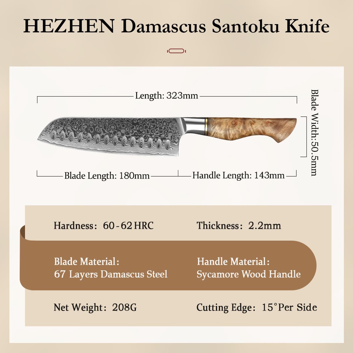 HEZHEN Nóż Santoku, Nóż Szefa Kuchni ze Stali Damasceńskiej, Azjatycki Nóż Kuchenny w Stylu Japońskim,Rękojeść z Drewna Sycamore