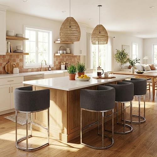 Miniatura 29 de Juego de 4 taburetes de bar contemporáneos de lino color crema, de 32 pulgadas, de tela tapizada, altura de mostrador, taburetes de cocina con base