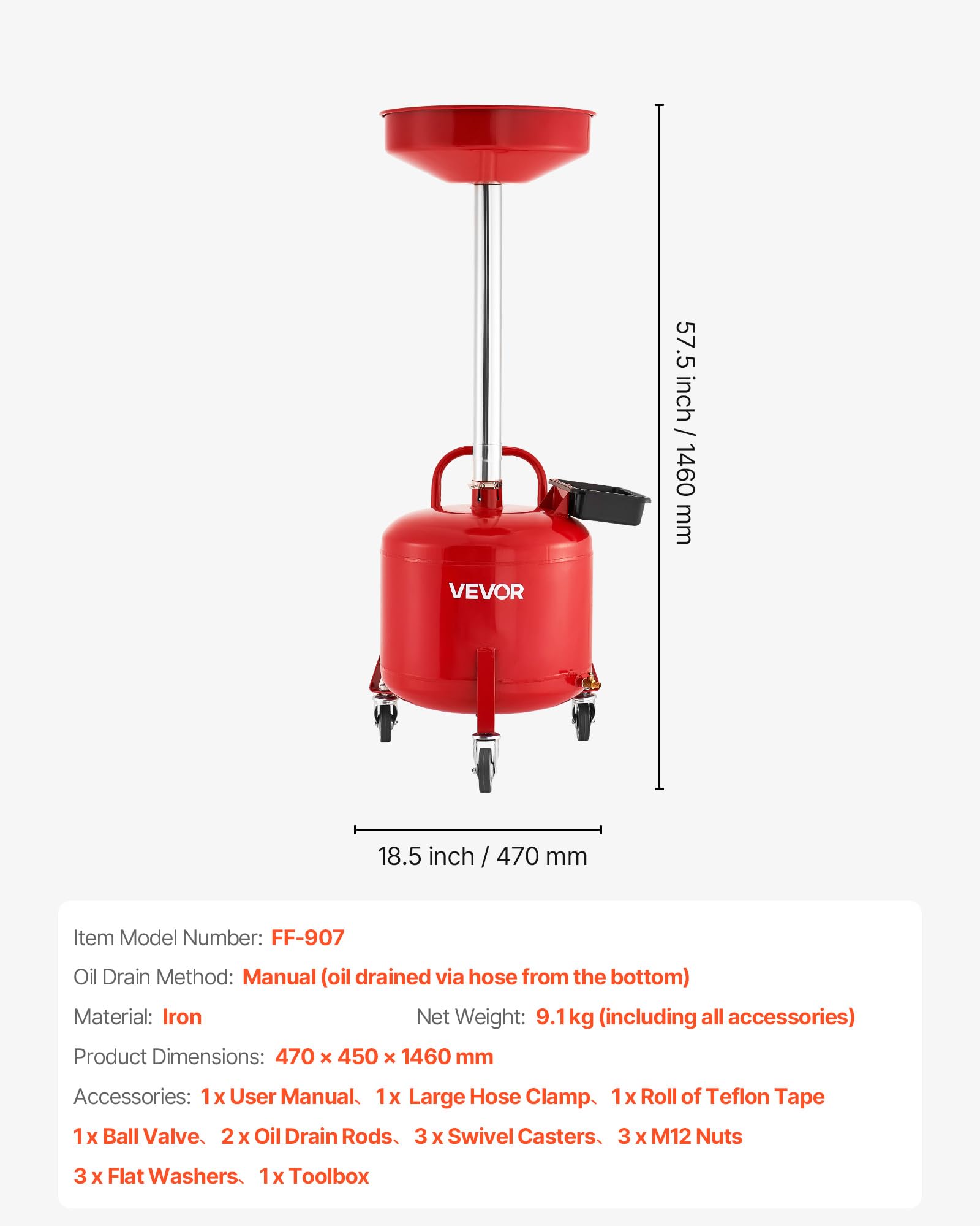 VEVOR Tanque de Drenaje de Aceite Usado, Drenaje de Aceite Manual Portátil 30 L con Embudo Ajustable, Ruedas, Caja de Herramientas, Drenador de Combustible para Taller de Reparación de Coches, Rojo