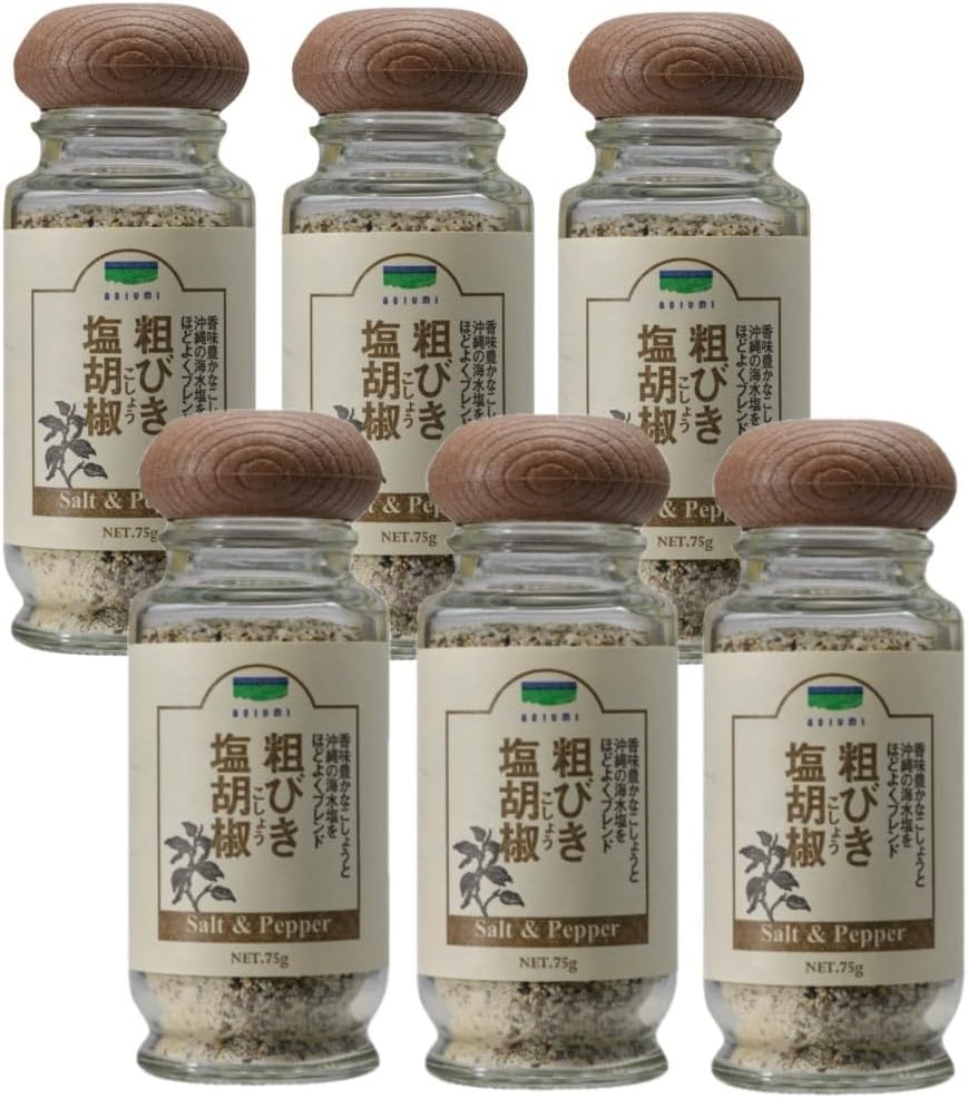 Set of 6 Shimers Honpo Blue Sea Coarse Salt and Pepper, 2.6 oz 75 g, Uses Okinawa Saltwater Salt, Additive-Free, Black Pepper Blend, Made in Japan, Spice Salt and Pepper Substitutes, For Cooking
