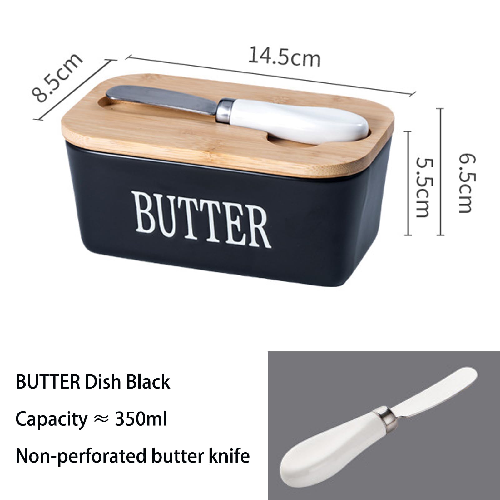 Dxcaicc Butter Dish with Wood Lid for Countertop, Ceramic Butter Dish, Large Butter Container 350Ml, Butter Dish with Knife,Black