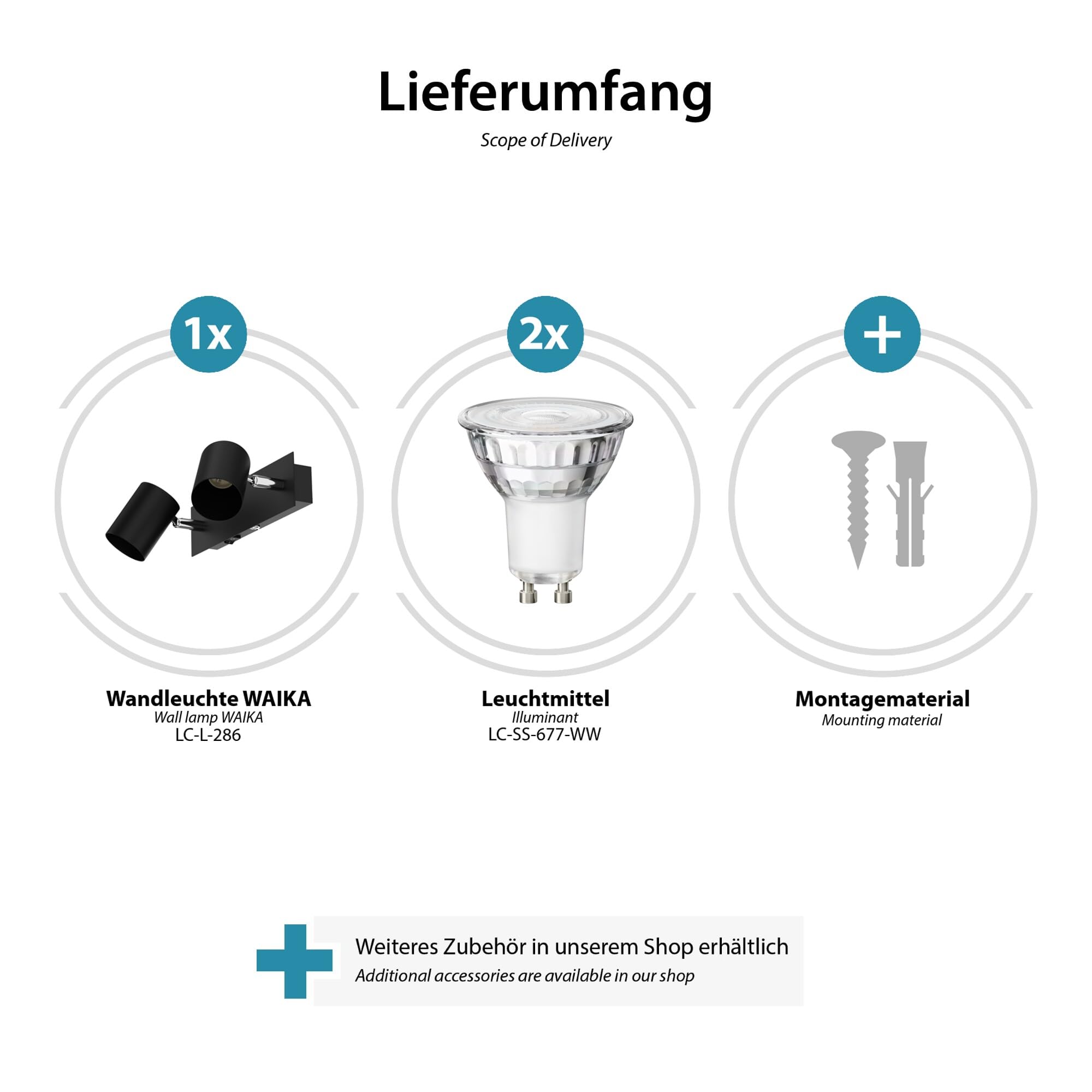 ledscom.de 2x Wandspot WAIKA, zweiflammig, mit Schalter, schwarz matt, inkl. GU10 LED (warmweiß, je 7,6W, 1103lm, 33°)