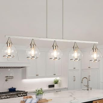 Island Light for Kitchen, 5-Light Brushed Nickel Kitchen Island Linear Hanging Pendant Chandeliers, Brushed Nickel Dining Room Light Fixture Over Table with Clear Round Glass Shades