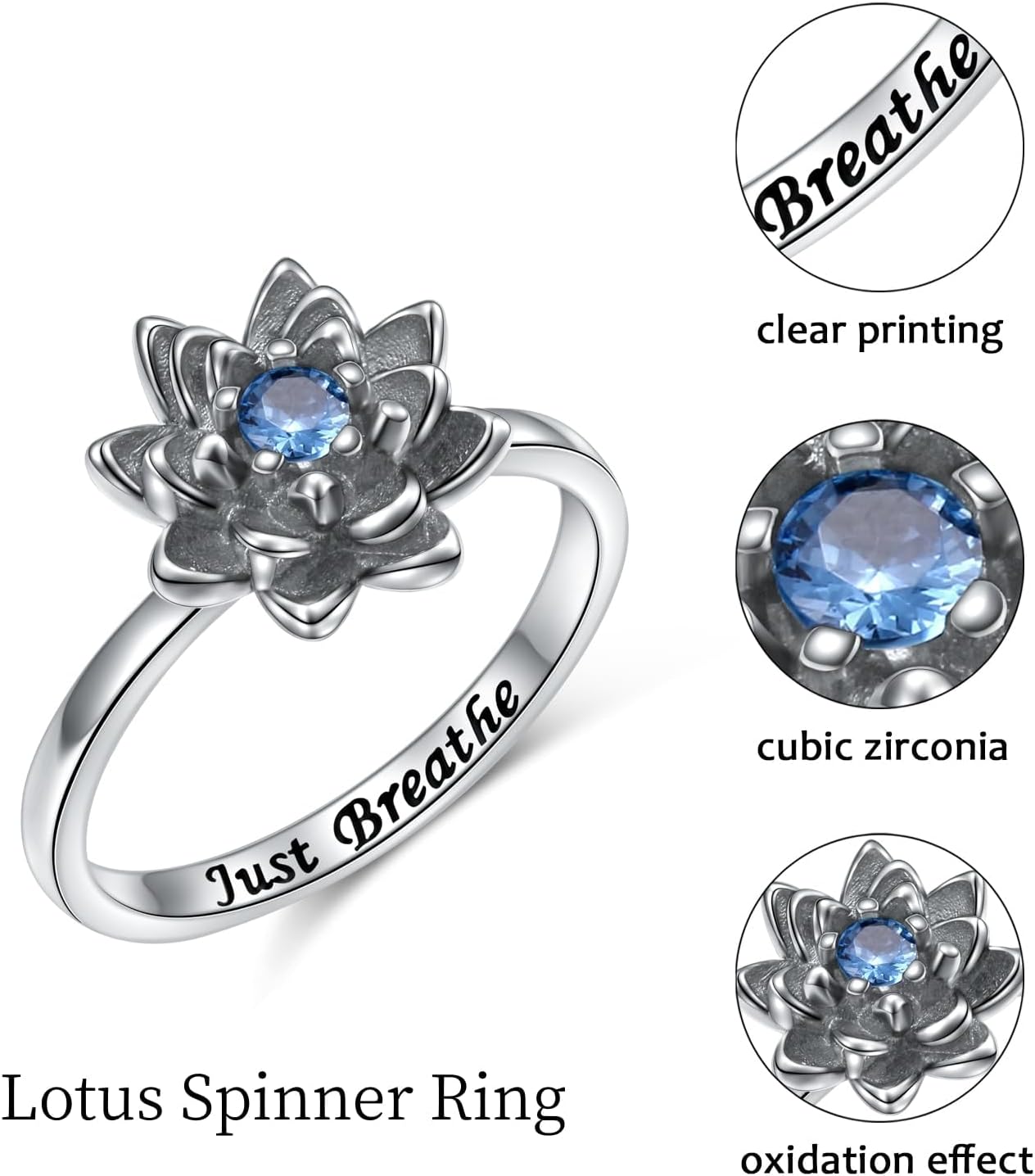 FLYOW Christmas Gift Inspirational Just Breathe Lotus Spinner Ring for Women 925 Sterling Silver Oxidation Flower Band Fidget Rings for Anxiety Stress Relieving ADHD Autism Rings Yoga Gifts - Image 6
